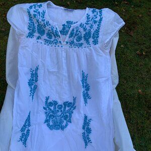EFHARIS Mykonos Boho Cotton Summer  with Blue Embroidery Dress
